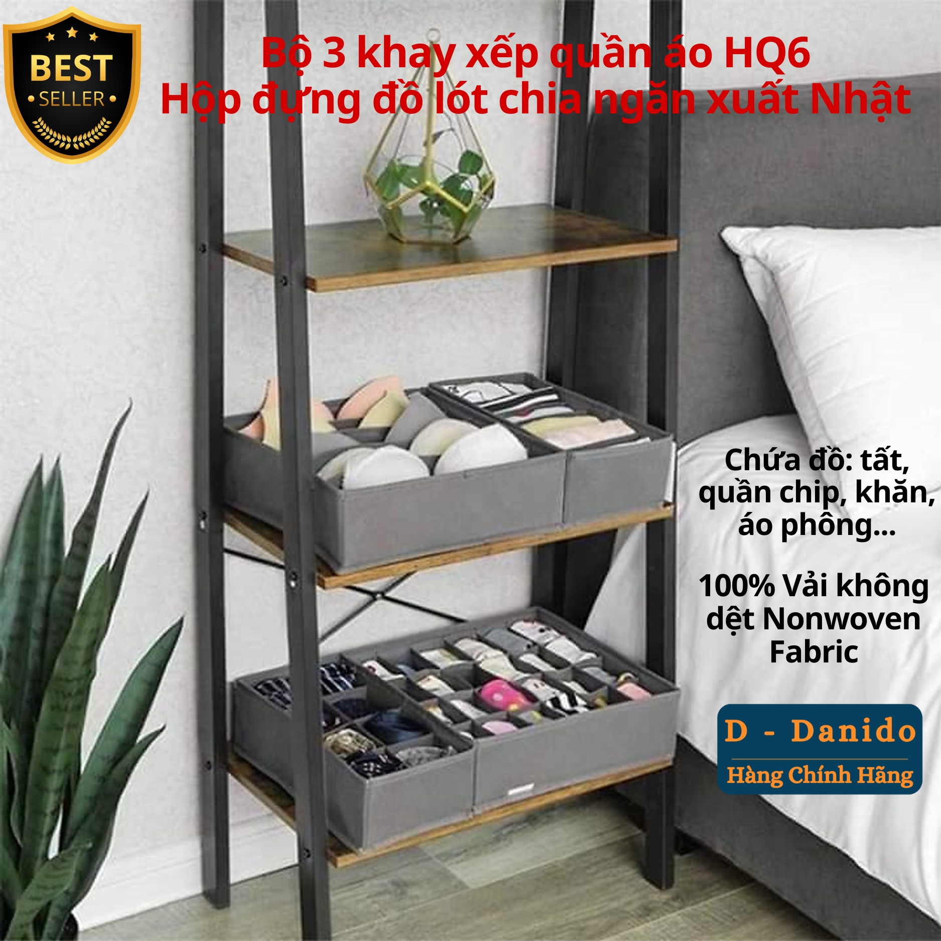 Set 3 khay xếp quần áo HQ6 bộ 3 hộp đựng đồ lót gọn nhẹ chia ngăn tiện lợi xuất Nhật chính hãng D Danido