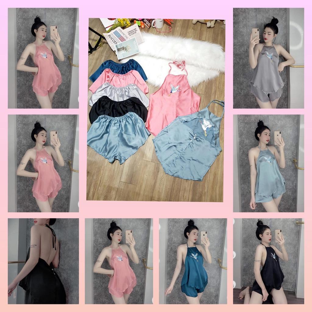 Đồ ngủ sexy, đồ ngủ yếm thêu, bộ ngủ lụa chất satin mềm mịn mát