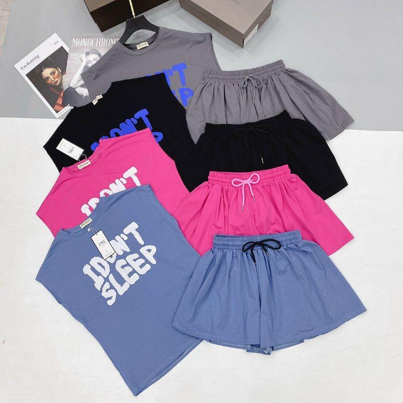 S642 Set áo phông cánh rơi in chữ nổi kèm quần váy dây rút trẻ trung
