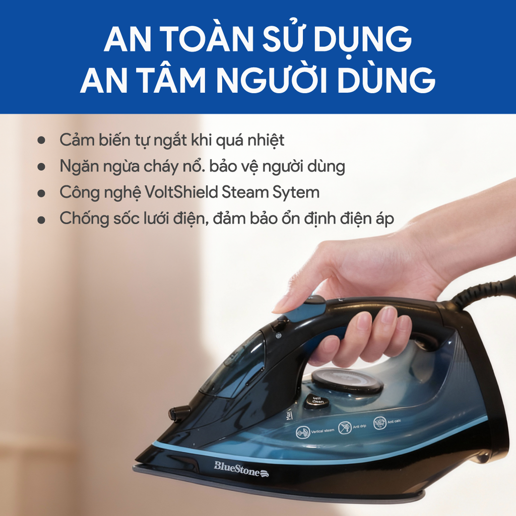 Bàn Ủi Hơi Nước BlueStone SIB-3833 300ml 2400W - Hàng chính hãng - Xanh đen