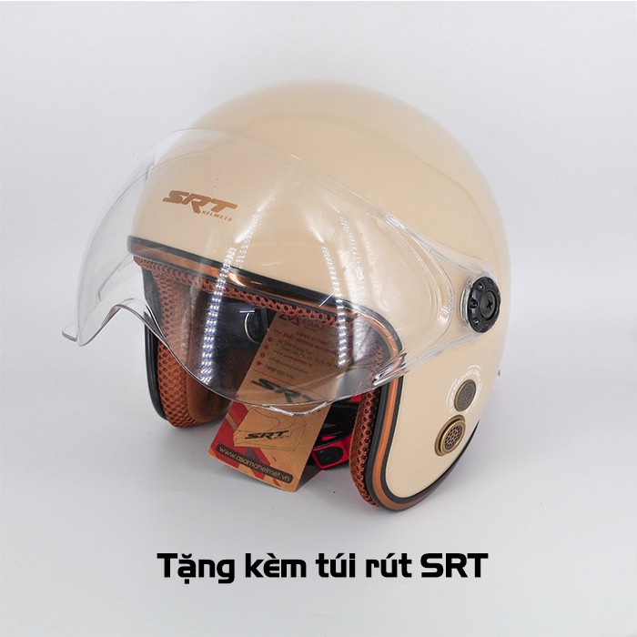 Mũ bảo hiểm 3/4 SRT Viền Đồng Kính Liền Thông Gió Lót Nâu Kem Bóng - Mũ Bảo Hiểm Chính Hãng Cao Cấp