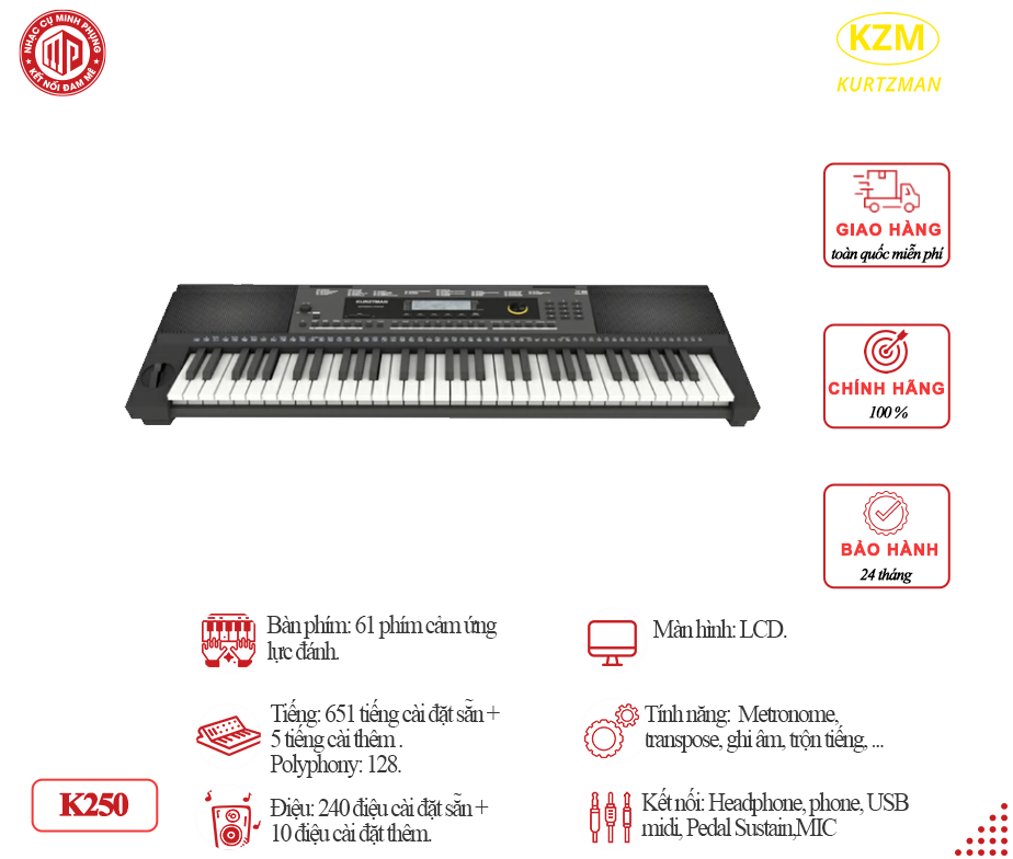 Đàn Organ điện tử/ Portable Keyboard - Kzm Kurtzman K250 - Perfect for Learning &amp; Performing - Màu đen (BL) - Hàng chính hãng