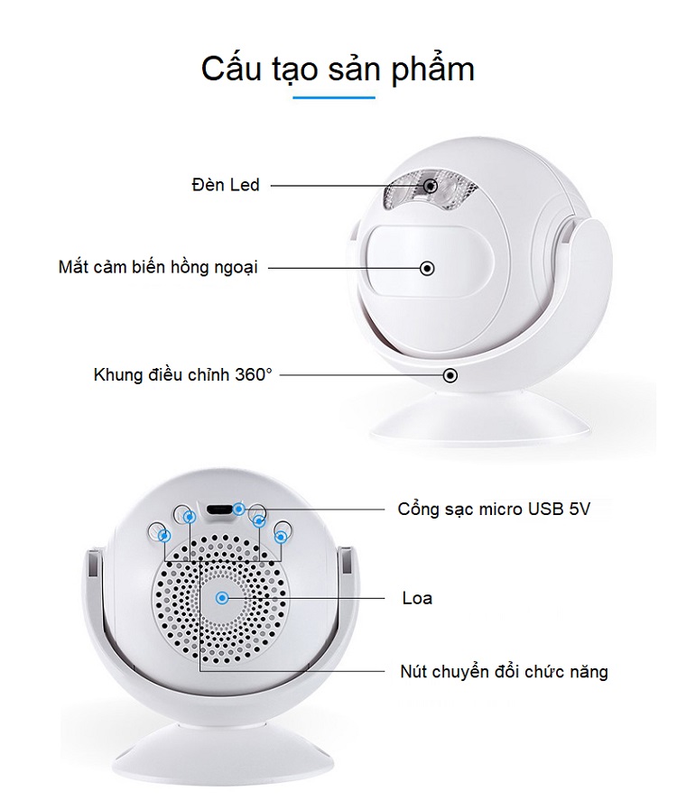 Thiết bị báo khách cảm biến hồng ngoại thông minh có ĐKTX- CÓ CỔNG SẠC MICROUSB  USB