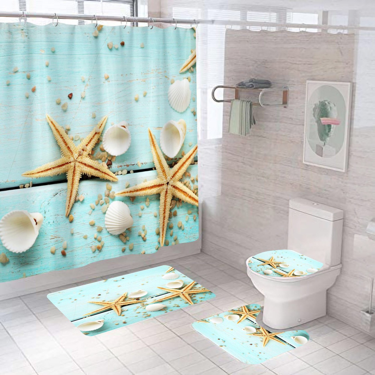 Rèm phòng tắm / Rèm cửa sổ - Sao biển vàng và những vỏ sò ( 180 x 180cm )