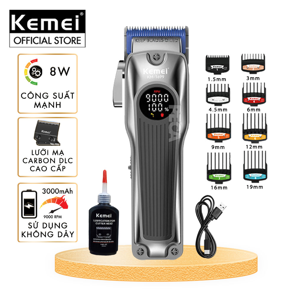 Tông đơ cắt tóc chuyên nghiệp Kemei KM-1699 lưỡi cắt mạ carbon công suất 8W tốc độ cắt 9000RPM - Hàng chính hãng