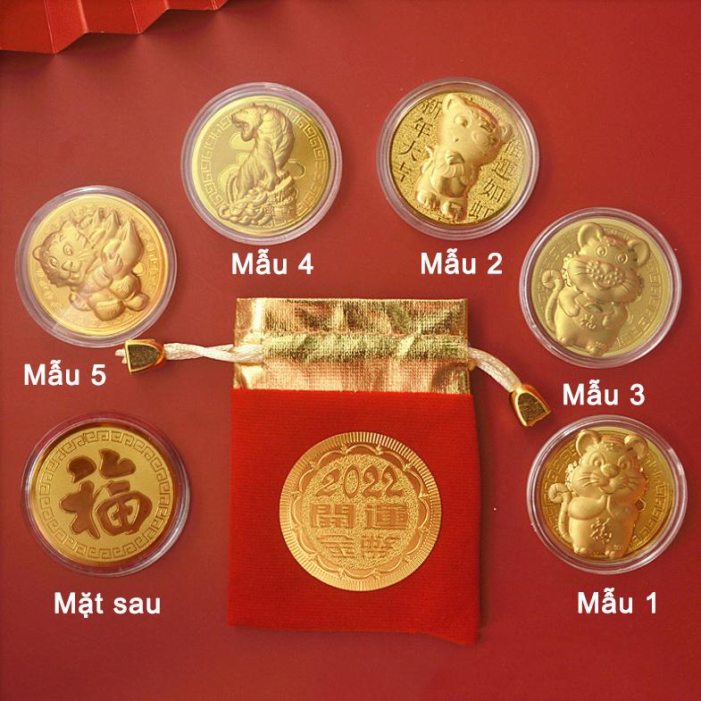 Trọn bộ 05 đồng xu con cọp + túi gấm nhung 2022 sang trọng đem lại tài lộc, sức mạnh, thuận lợi Nhâm Dần - mẫu 1