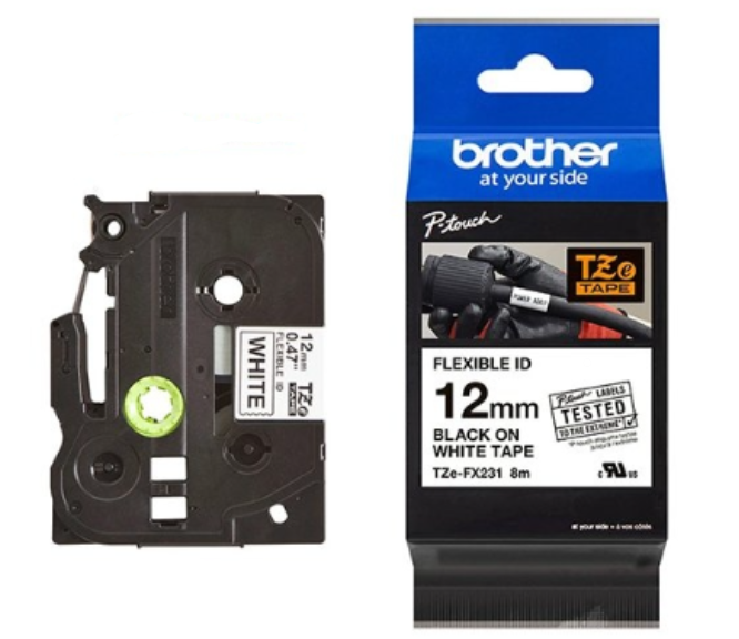 Nhãn In Tiêu Chuẩn Brother TZe-FX231, Chữ Đen Nền Trắng (12mm) - Hàng Chính Hãng