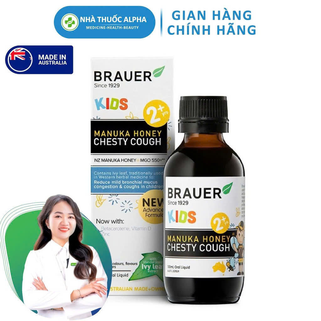 Sirop Brauer Manuka Honey Chesty Cough 100ml hỗ trợ giảm ho có đờm cho trẻ từ 2 tuổi
