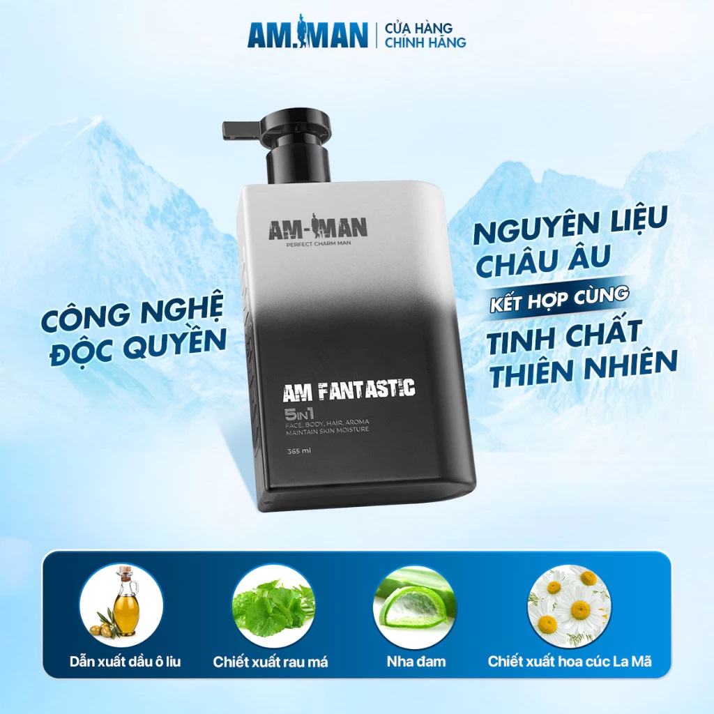 Combo tinh hoa nam giới AM MAN: Sữa tắm gội nam AM FANTASTIC 5in1 365ml &amp; Gel rửa mặt AM AGERASIA 100ml &amp; Bọt vệ sinh nam AM CHERISH 120ml kèm hộp túi làm quà tặng