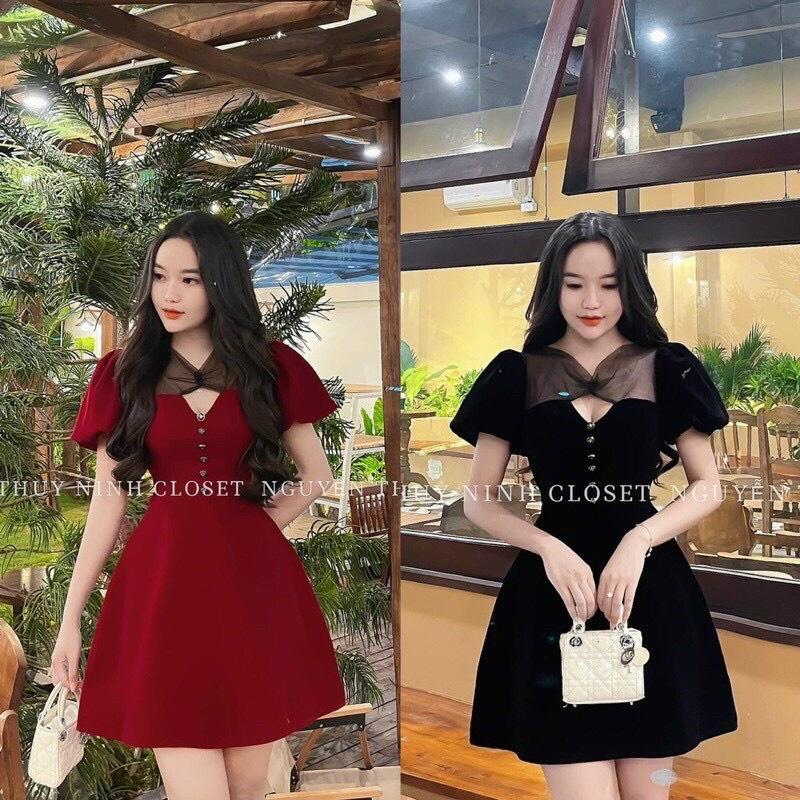 ĐẦM NHUNG PHỐI LƯỚI TAY NGẮN PHỒNG DÁNG XÒE Y HÌNH ĐI TIỆC BAO SANG LUN MẤY NÀNG ƠI