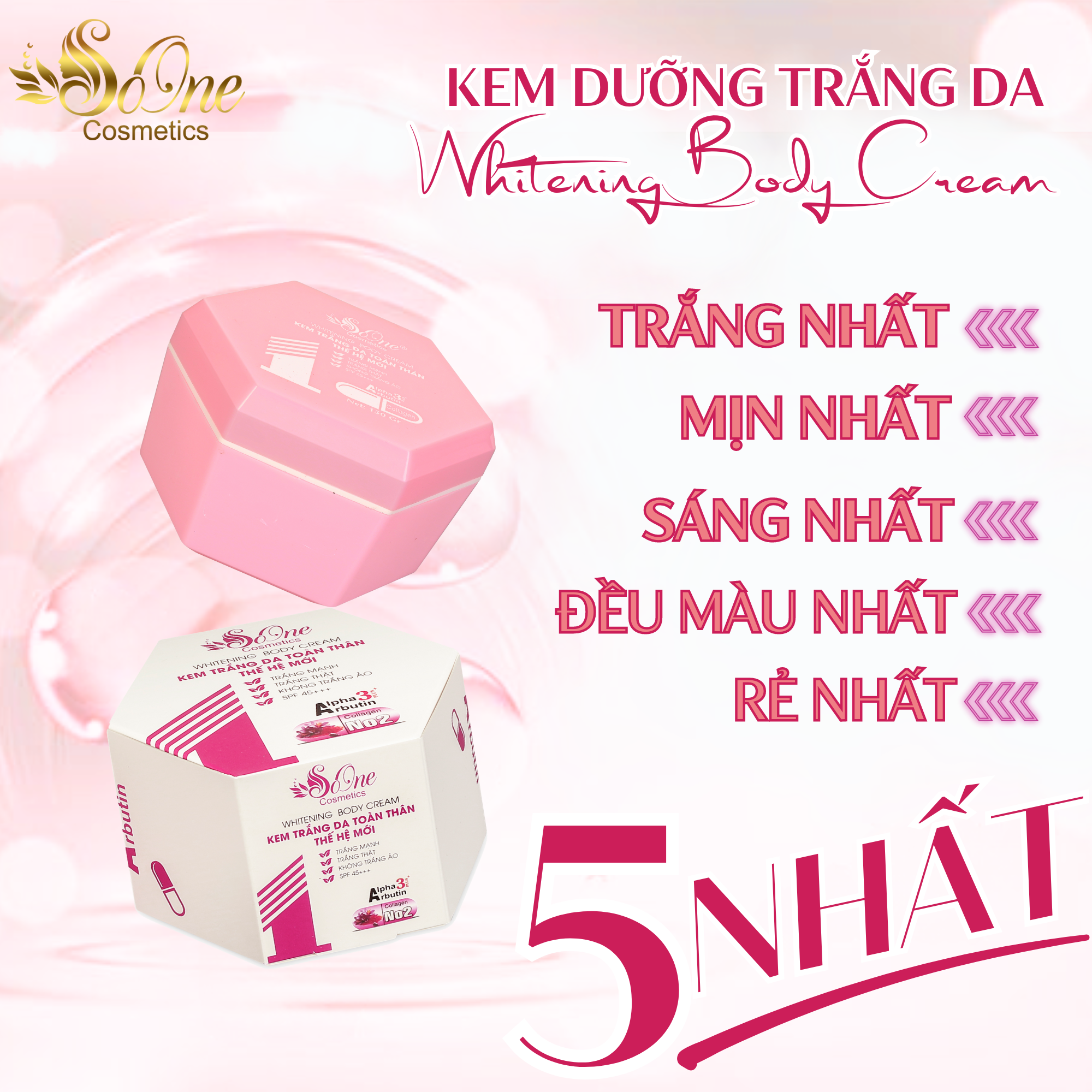 Kem Body SoOne Dưỡng Trắng Da Toàn Thân Thế Hệ Mới Hộp Màu Hồng - 150ml