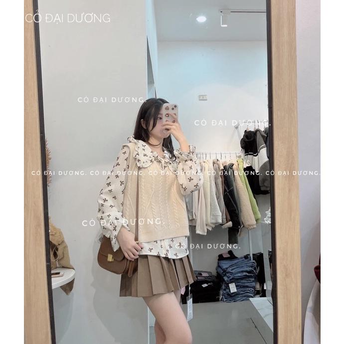 Set áo gile trơn kèm sm hoa nhí cổ nơ