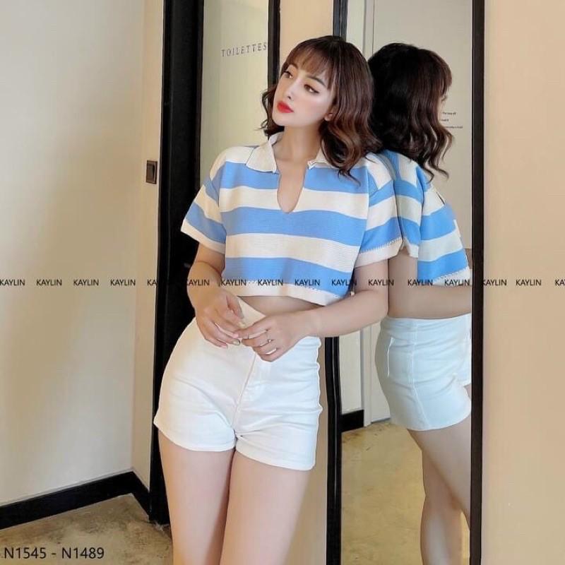 Áo len mongtoghi croptop kẻ ngang cổ đức xẻ V