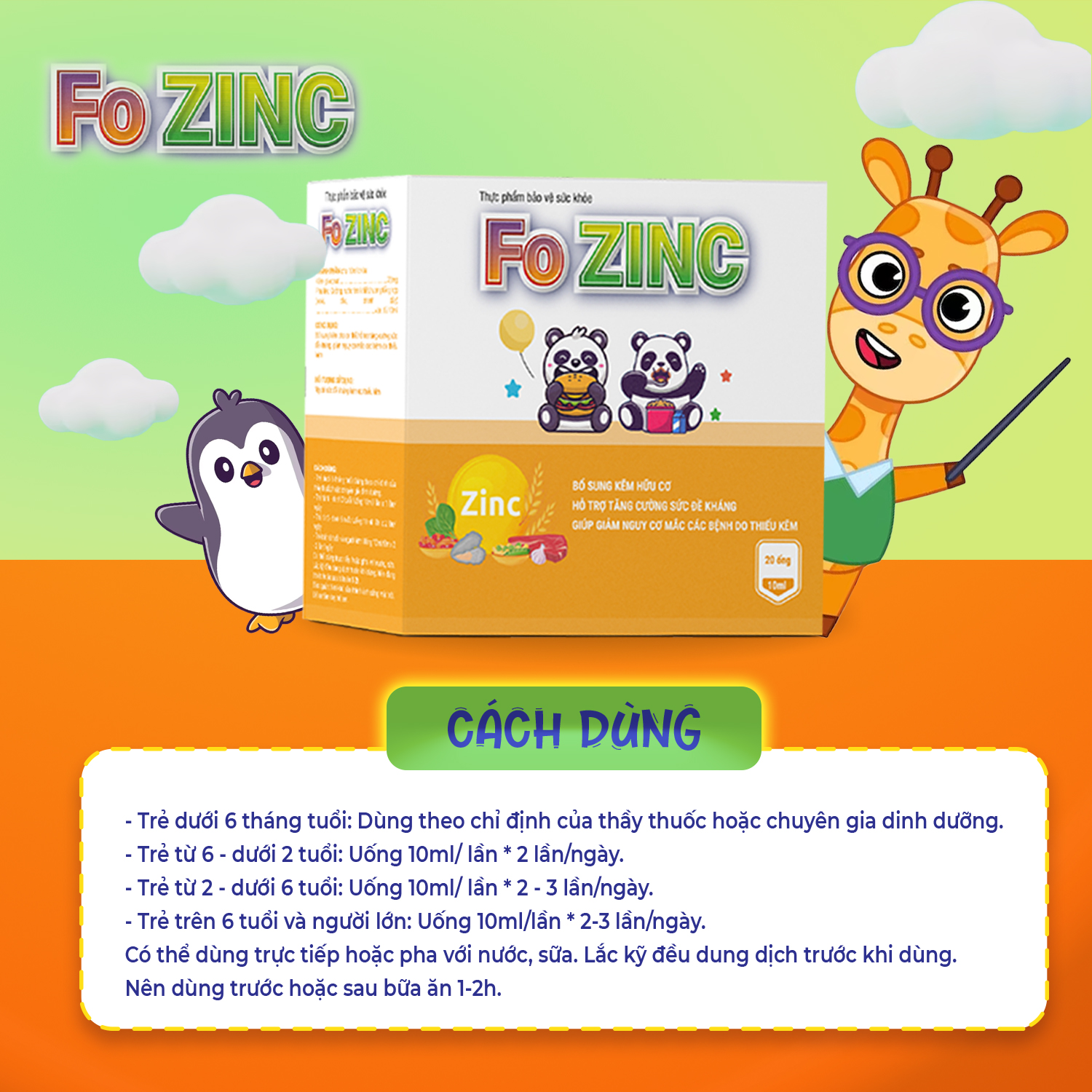 Fo Zin C Fobelife - Bổ sung kẽm hữu cơ - Hỗ trợ tăng sức đề kháng - Hộp 20 ống
