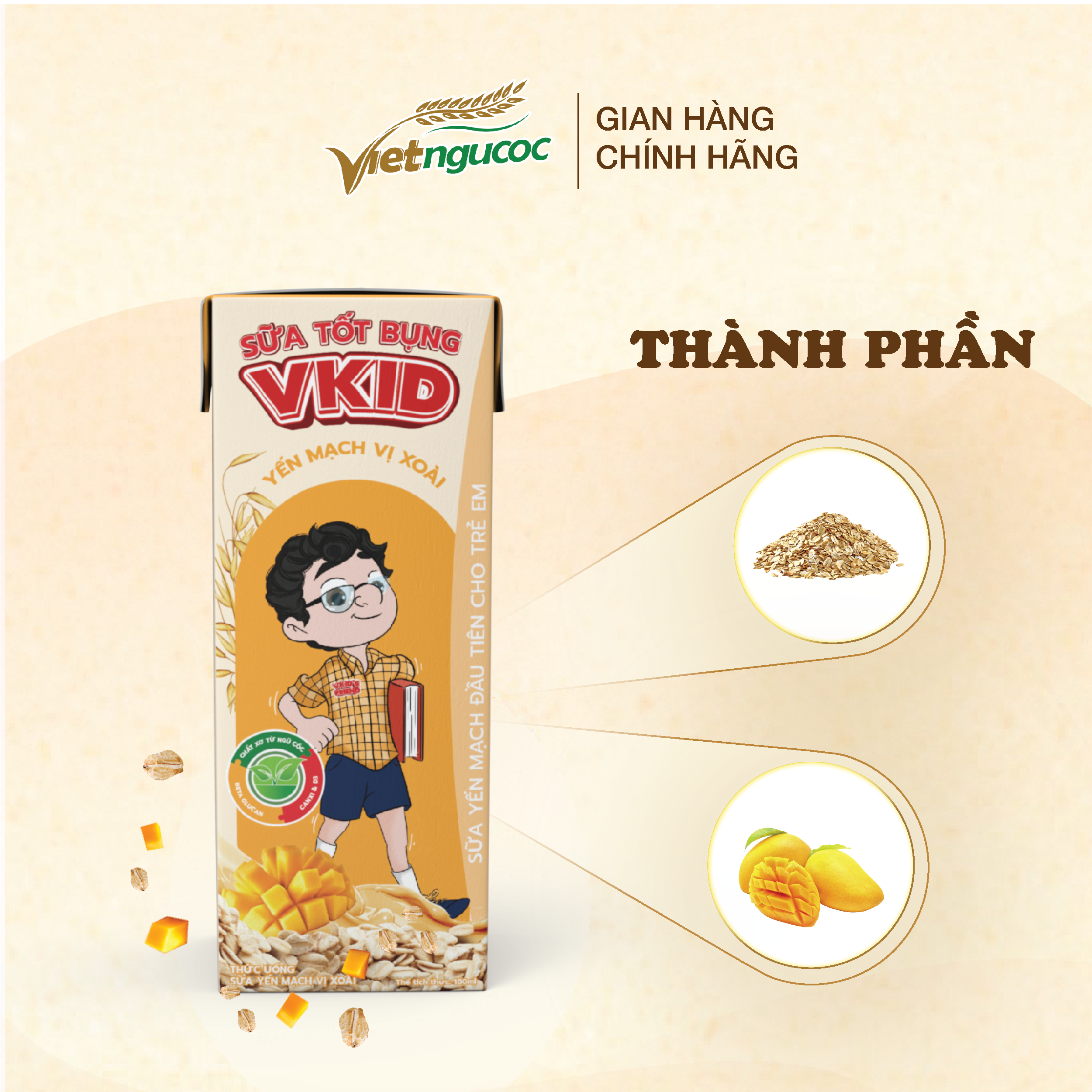 Thùng 48 hộp Sữa Yến Mạch V-Kid VIỆT NGŨ CỐC Vị Xoài 180ml/Hộp