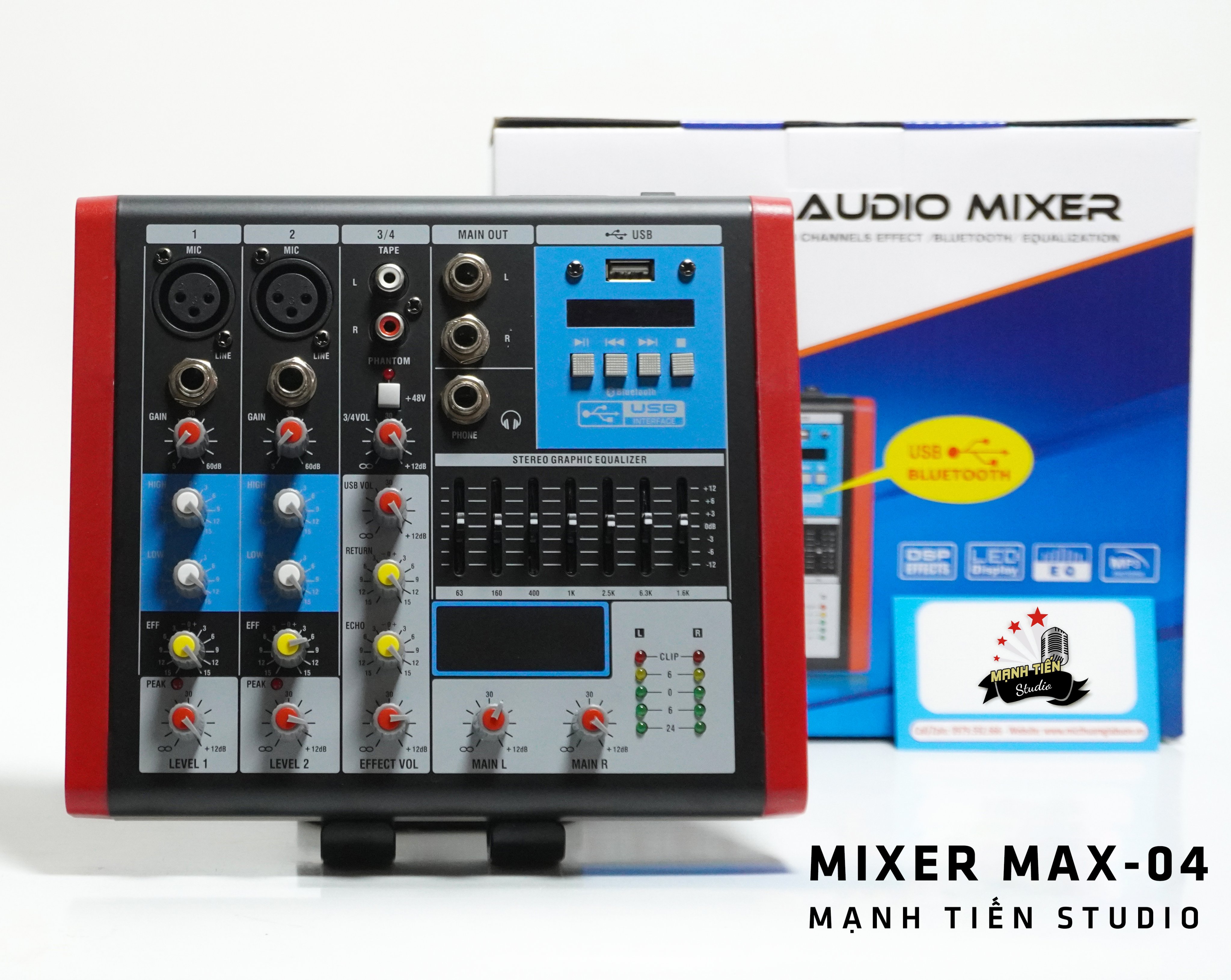 Bàn trộn âm thanh mixer max 04 - 4 kênh âm thanh nổi - Tích hợp bộ cân bằng Equalizer chuyên nghiệp - Kết nối dễ dàng với bluetooth - Mixer chuyên dùng cho loa kéo, dàn karaoke gia đình, thu âm, livestream - Hàng nhập khẩu