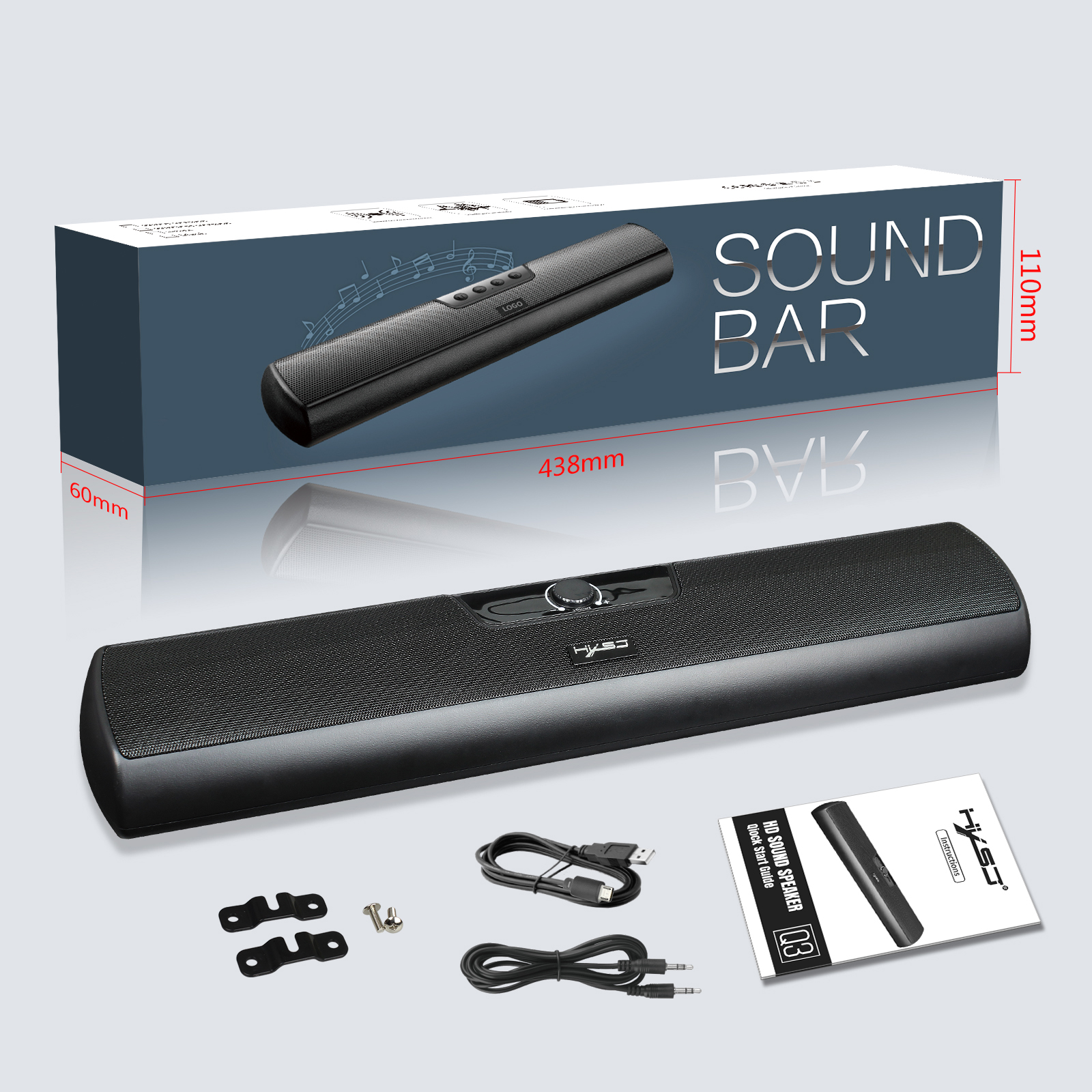 HXSJ Q3 3.5mm Wired Computer Speaker 10W Soundbar Home Theater PC Sound Bar Volume Control USB Powered for TV Laptop
