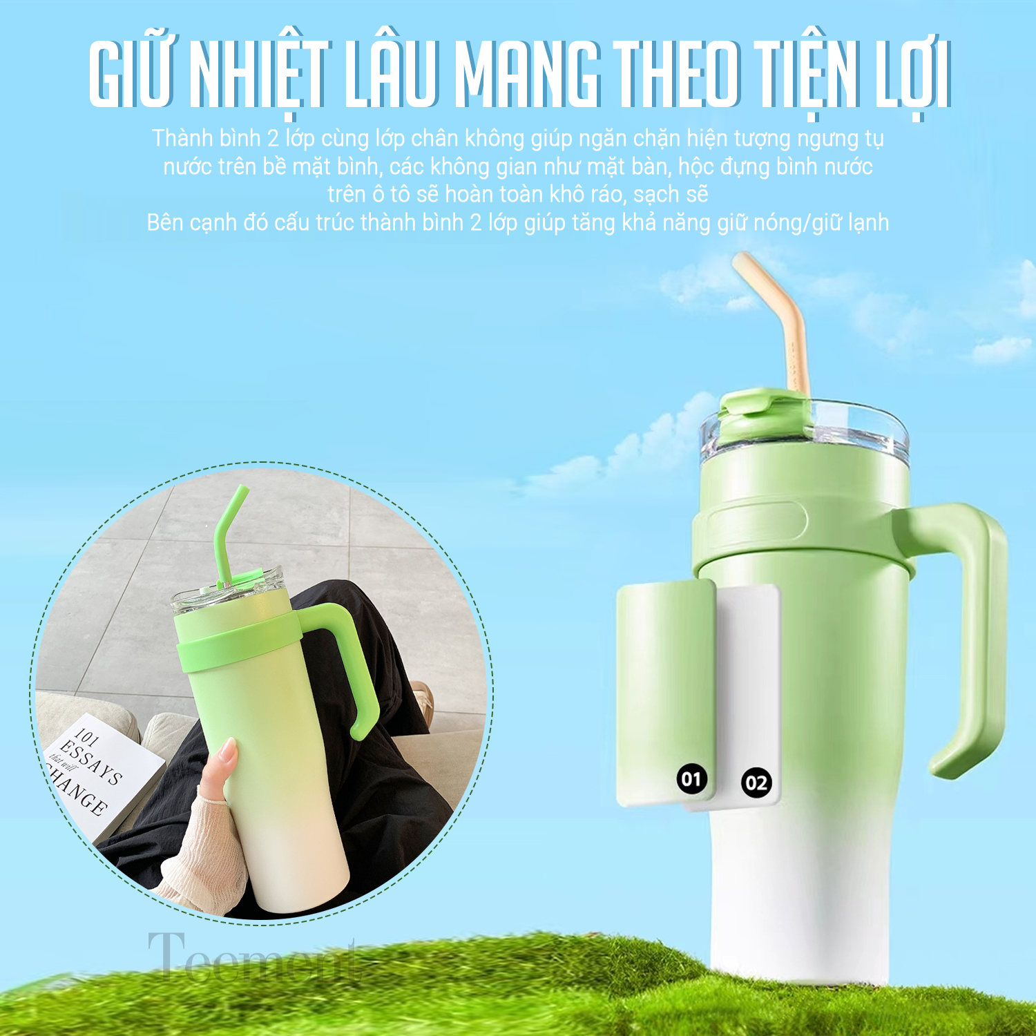 Ly Giữ Nhiệt Inox 304 Cao Cấp Teement - Tặng Kèm Ống Hút Không Gỉ, Ticker 3D, Bình Giữ Nhiệt Có Tay Cầm - Hàng Chính Hãng
