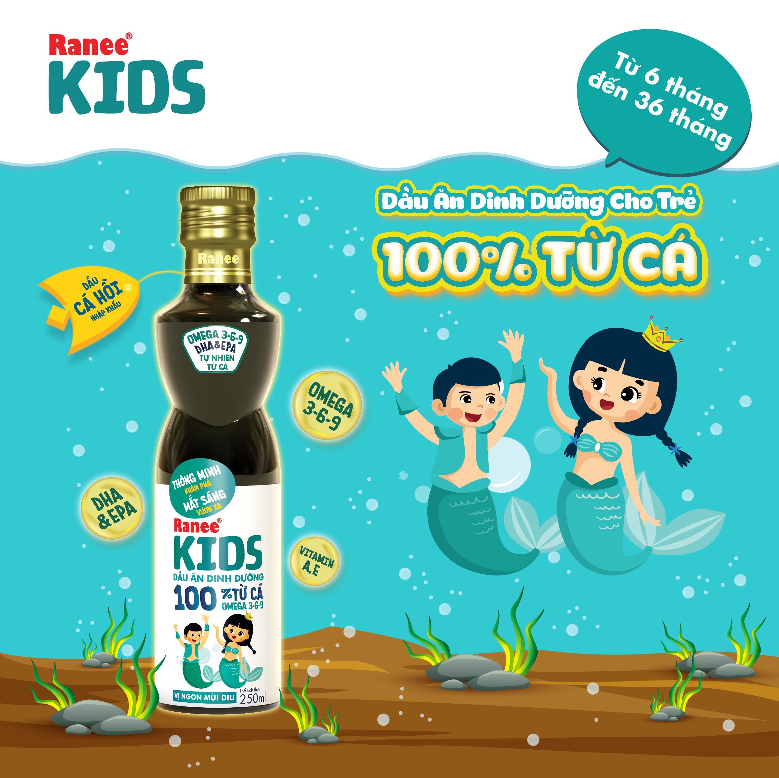 Dầu ăn dinh dưỡng cho bé 100% từ cá Ranee Kids 250 ml + Tặng kèm nước mắm 40N 60ml