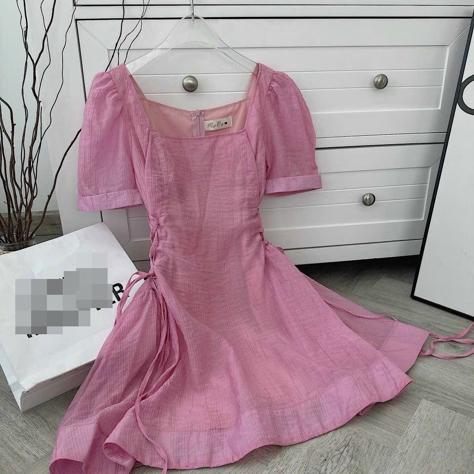 ĐẦM NGẮN CỔ U SUÔNG TRƠN XÒE DÂY ĐAN EO TAY NGẮN XẾP LY NHẸ ĐI BIỂN DẠO PHỐ DỰ TIỆC