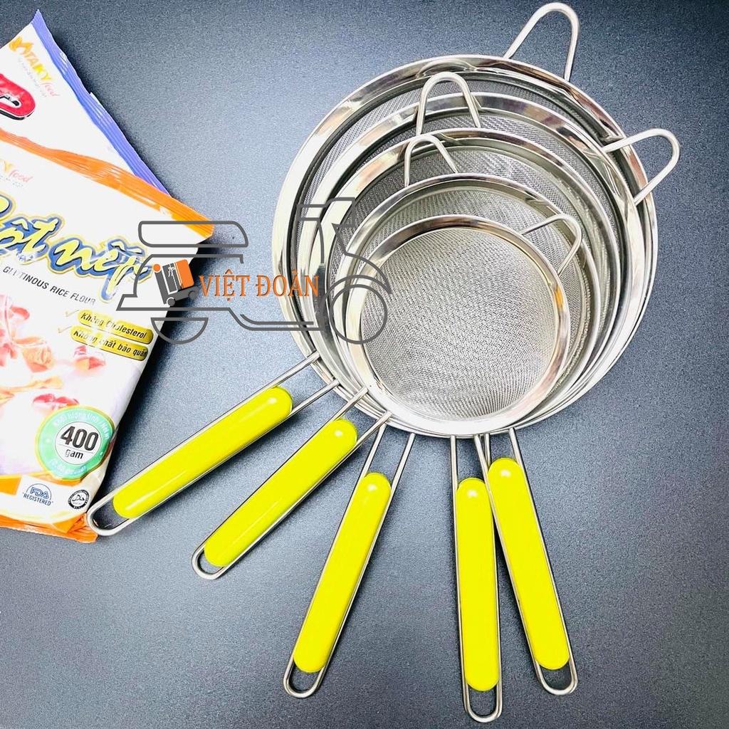 RỔ LƯỢC DỪA, RÂY BỘT, VỚT BỌT INOX cầm tay- lưới khít CÓ TAY CẦM NHỰA BỌC CHỐNG NÓNG CAO CẤP nhiều size