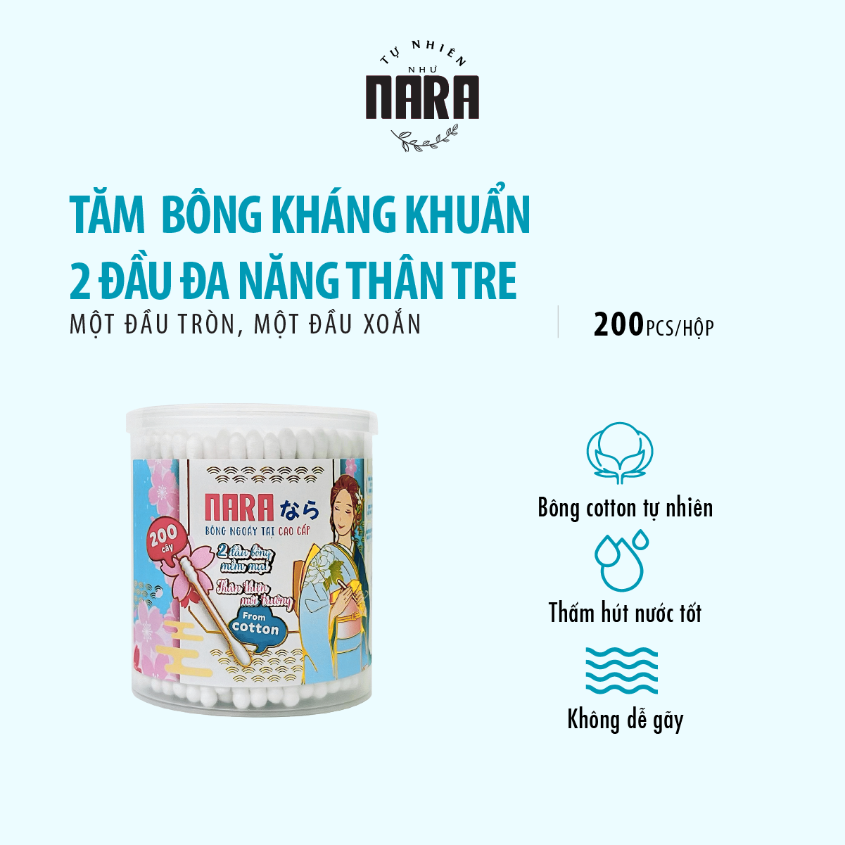 Tăm bông Nara 2 đầu đa năng màu xanh dương hộp 200 cái