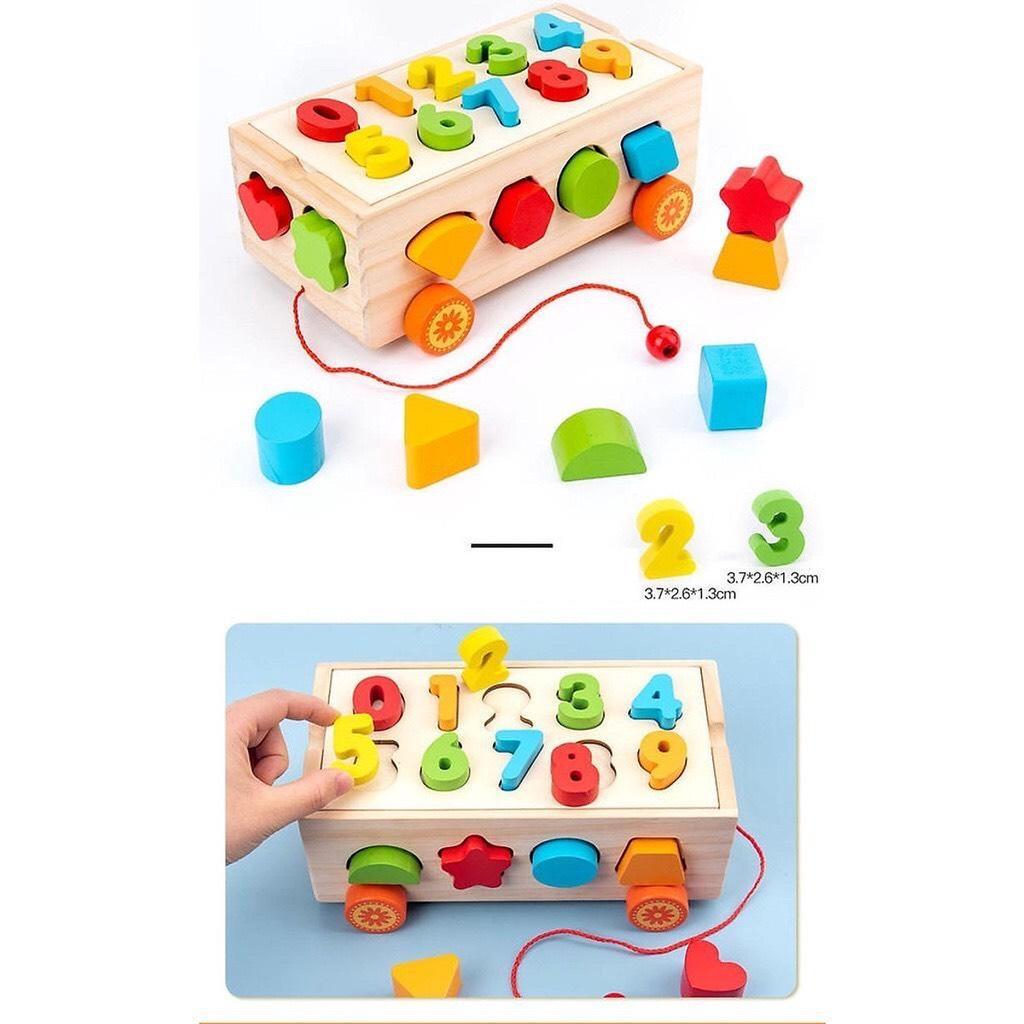 Xe Kéo Thả Hình Khối Và Số Đếm Giúp Bé Phát Triển Trí Não - Đồ chơi gỗ montessori