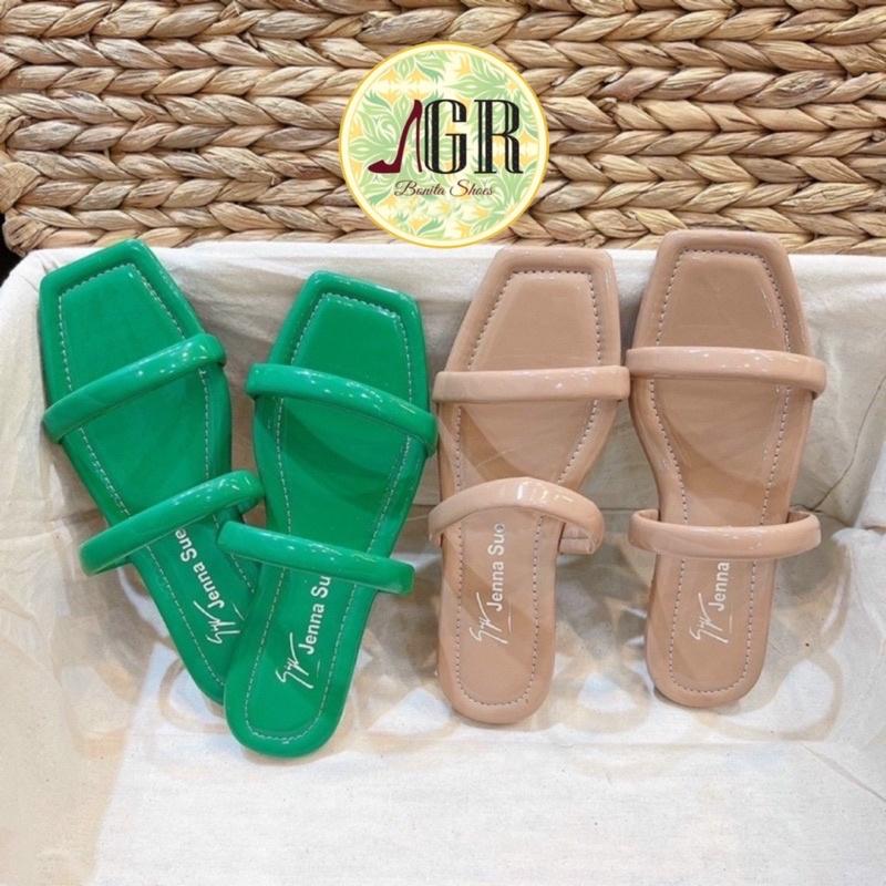 Dép 2 quai ngang da bóng mũi vuông