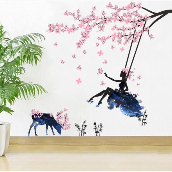 Decal trang trí tường - Cô Gái Hoa Xích Đu và Trâu Hoa