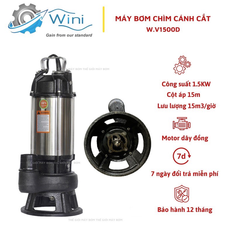 Máy bơm chìm nước thải cắt rác 1.5Kw (2HP) Thân inox 304 Wini W.V1500D - Bảo hành 1 năm