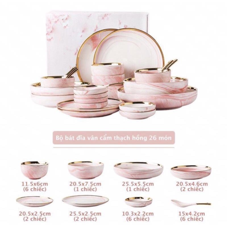 Bộ bát đĩa 26 món vân hồng viền vàng BP