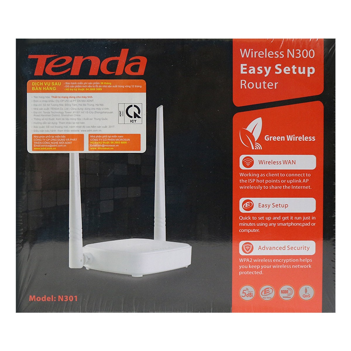 Bộ Phát Sóng Wifi Tenda N301 - Tốc độ 300MPs 2 Râu 3 cổng Lan - Hàng Chính Hãng