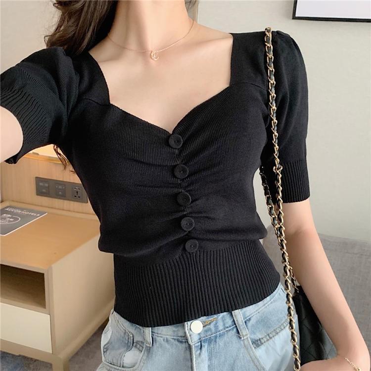 ÁO CROPTOP LEN MÔNG TAY BỒNG NÚT GIẢ H69 RUMHANA