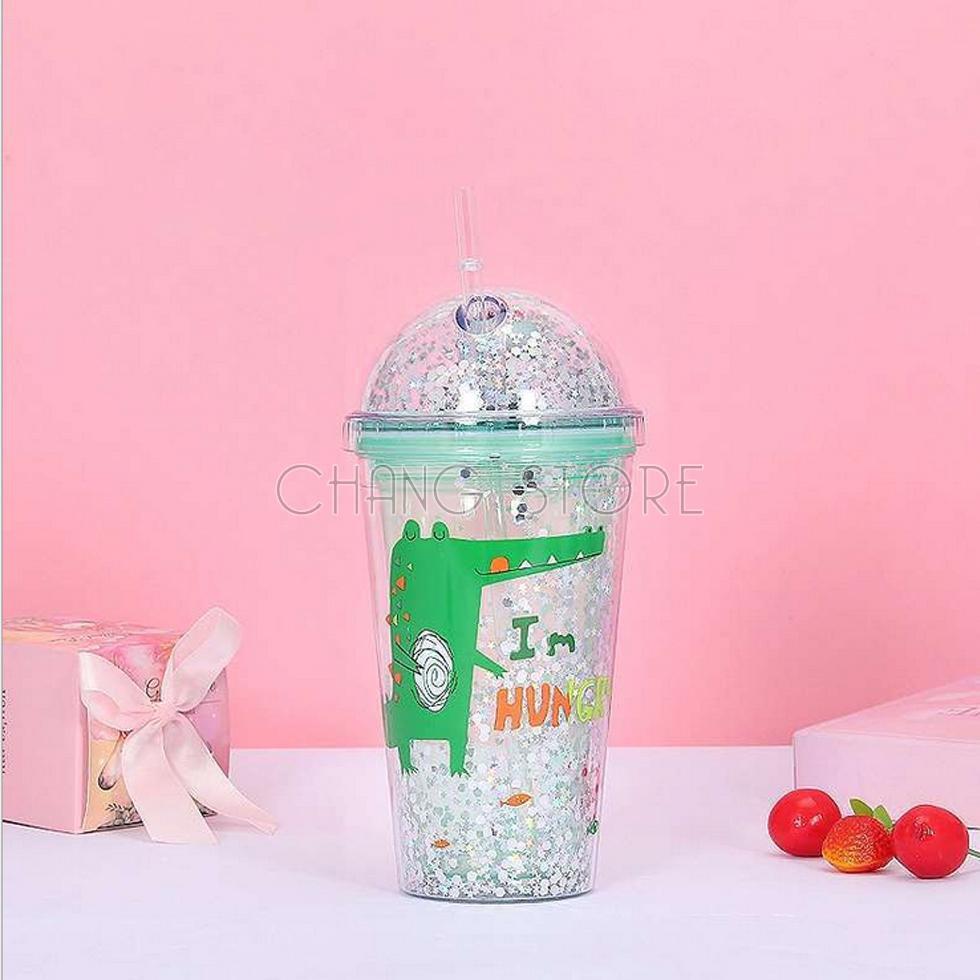 Bình Giữ Nhiệt Khủng Long 3D Kim Tuyến Nhiều Màu Sắc, Cốc Uống Nước Khủng long 3D 450ML kèm Ống Hút