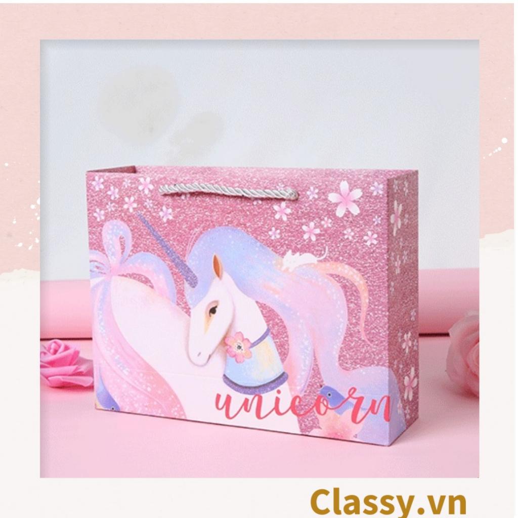 Túi giấy hoặc Hộp quà giấy cứng Làm quà tặng hoạ tiết chú Kỳ Lân màu hồng siêu dễ thương phong cách châu Âu Q974