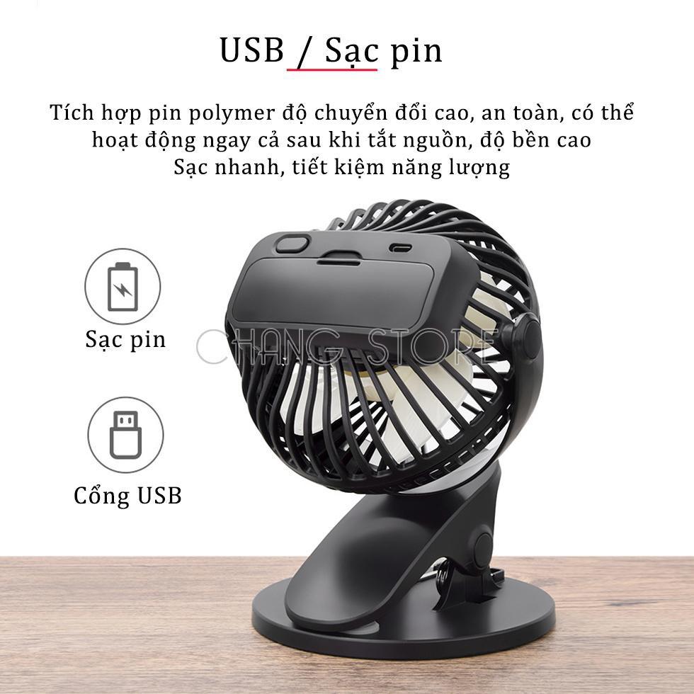 Quạt kẹp tích điện xoay 360 độ, quạt tích điện mini kẹp bàn siêu tiện lợi