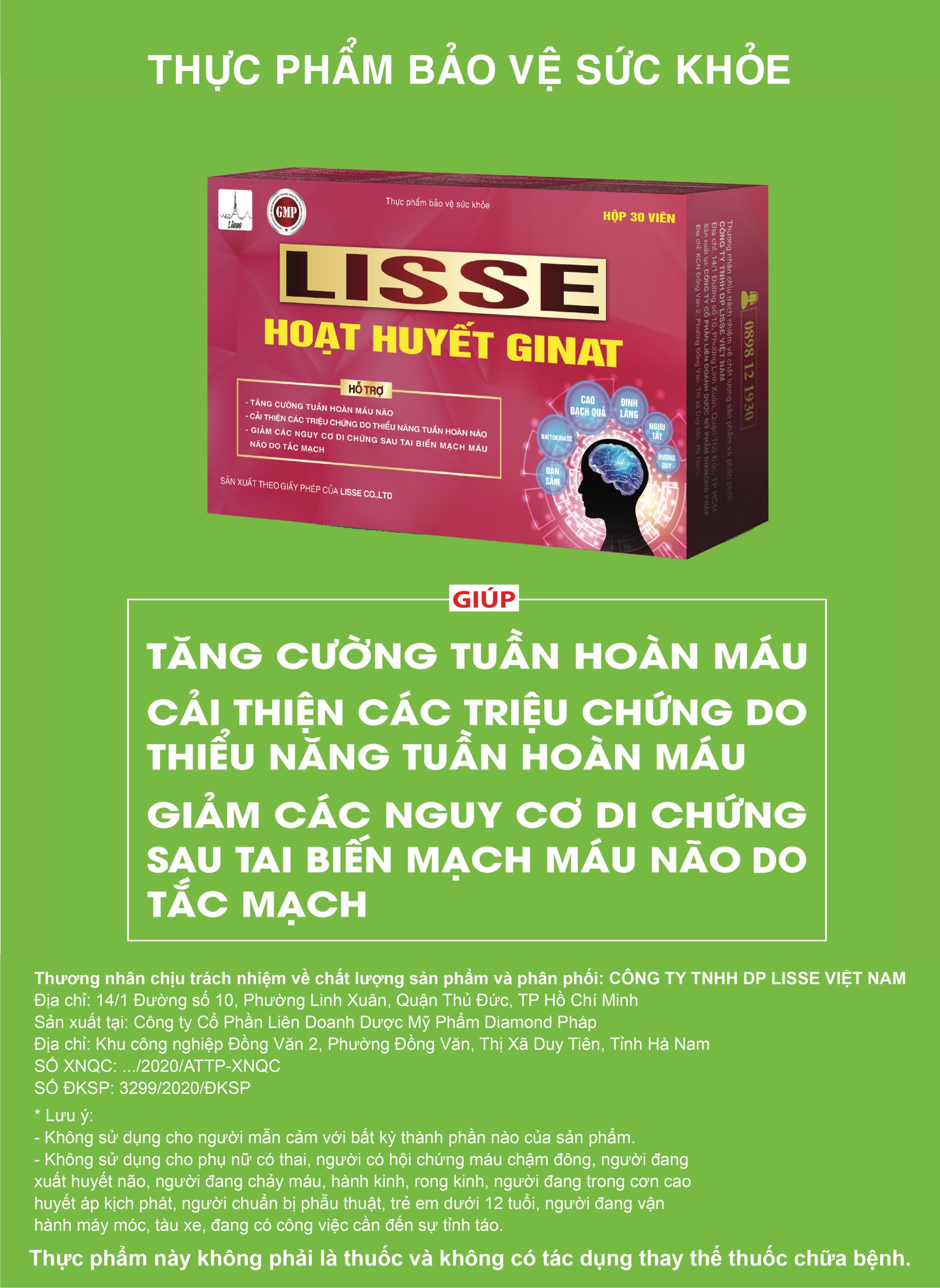 LISSE HOẠT HUYẾT GINAT - Hộp 30 viên- Tăng Cường Tuần Hoàn Máu