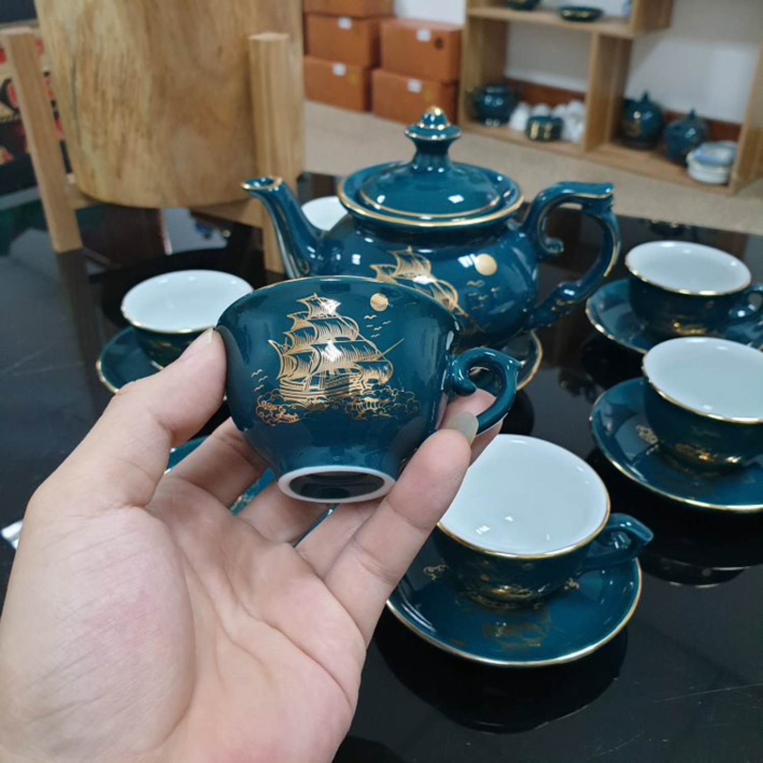 Bộ ấm chén uống trà cao cấp , bộ ấm trà Bát Tràng - thuận buồm xuôi gió xanh mallard