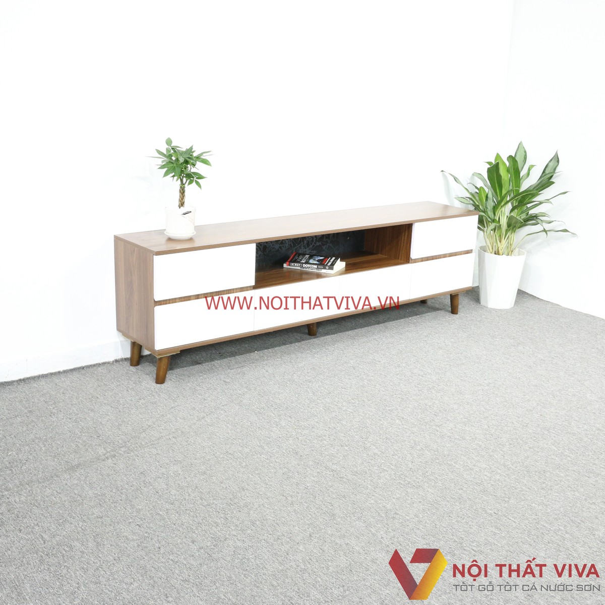 Kệ Tivi Gỗ MDF Melamine Màu Óc Chó 6 Hộc Kéo Trắng Đẹp Hiện Đại