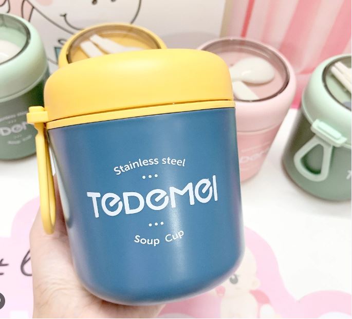 Bình Ủ Cháo Inox 304 Giữ Nhiệt Tedemei Có Thìa Và Quai Dung Tích 530ml