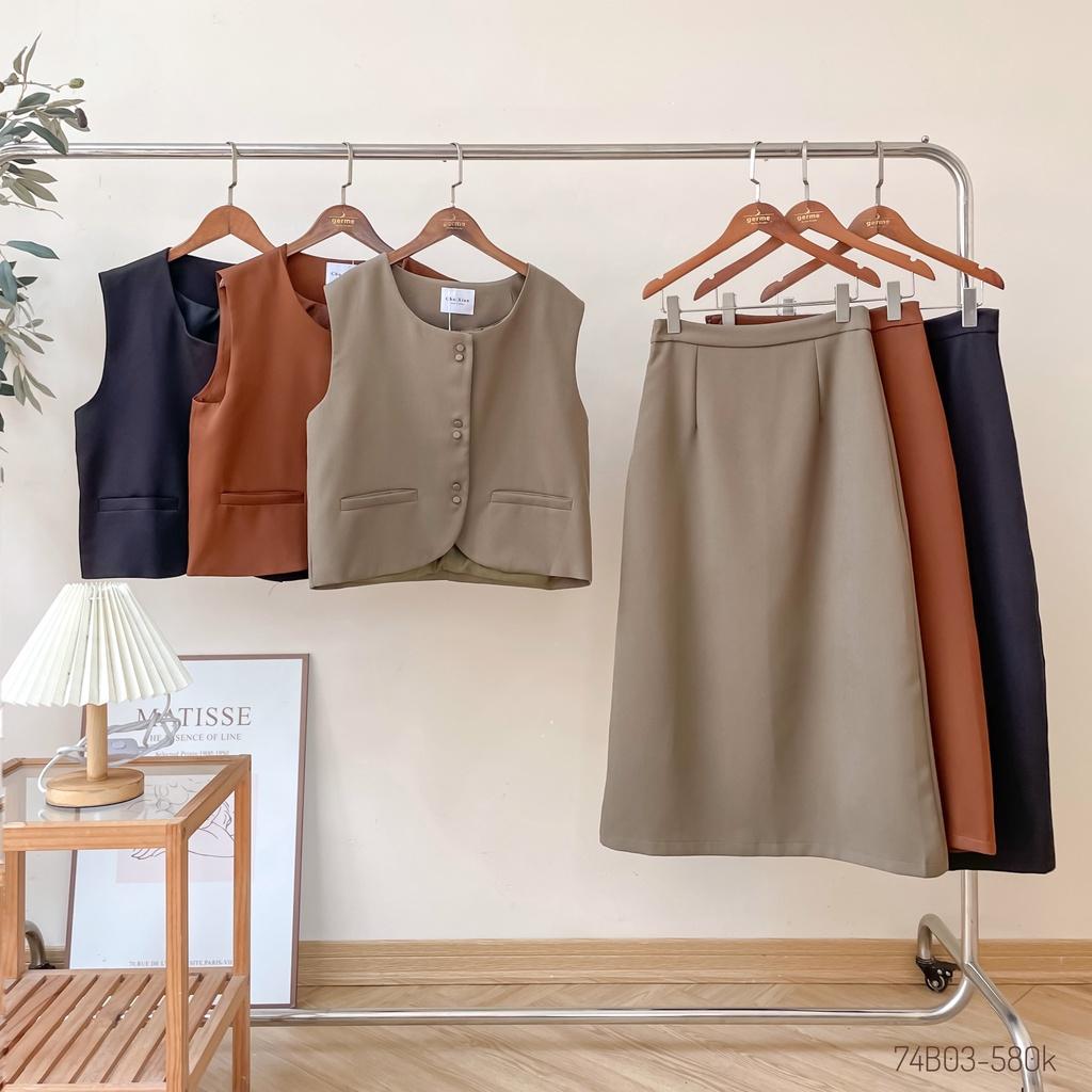 Set áo gile vest nữ dáng ngắn kèm chân váy dài 74b03 by germe