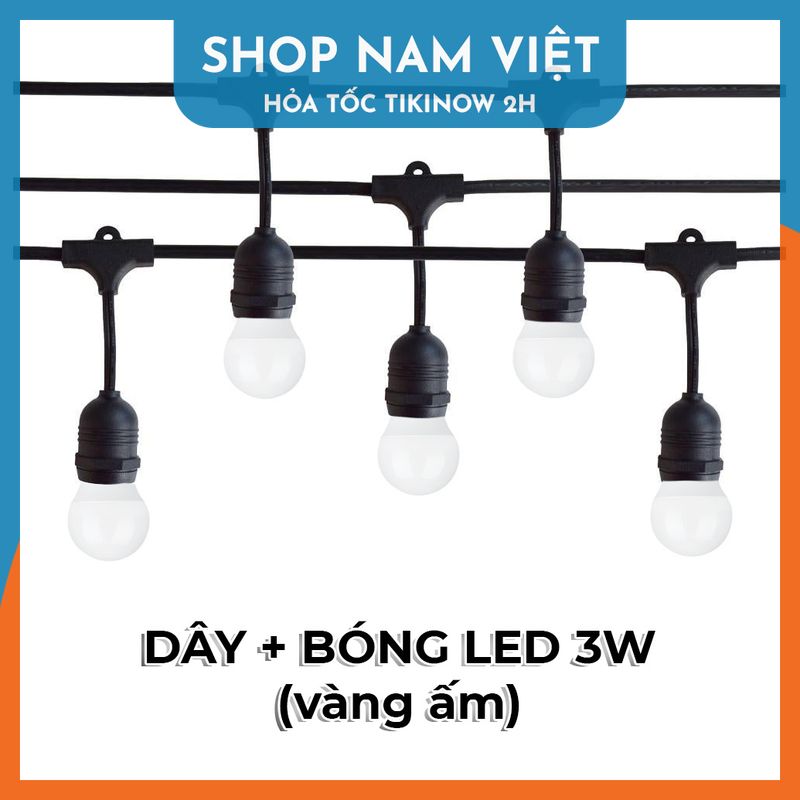 Dây Đèn Led Chuôi E27 Kèm Bóng Đèn Chống Nước Trang Trí Ngoài Trời - Loại Cao Cấp, Chính Hãng Navivu - Dây Bóng 3W Vàng - 8M 20 Led