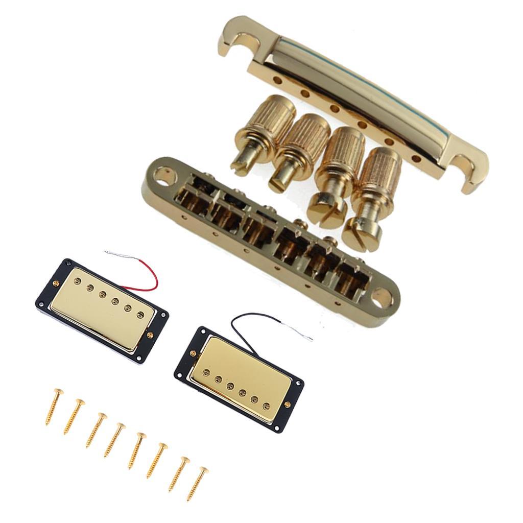 Gold Bridge Tailpiece + Sealed Humbucker Pickup Set for Les Paul Guitar