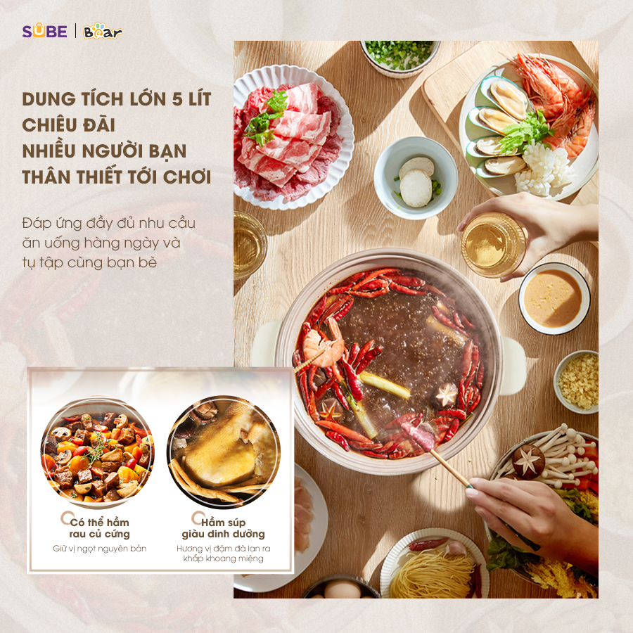 Nồi Lẩu Điện Đa Năng 5L Bear Chiên Xào Nấu Đế Tách Rời Sôi Nhanh Tiết Kiệm Điện Nhiệt Tỏa Đều Siêu Chống Dính SB-NL05F - Hàng Chính Hãng