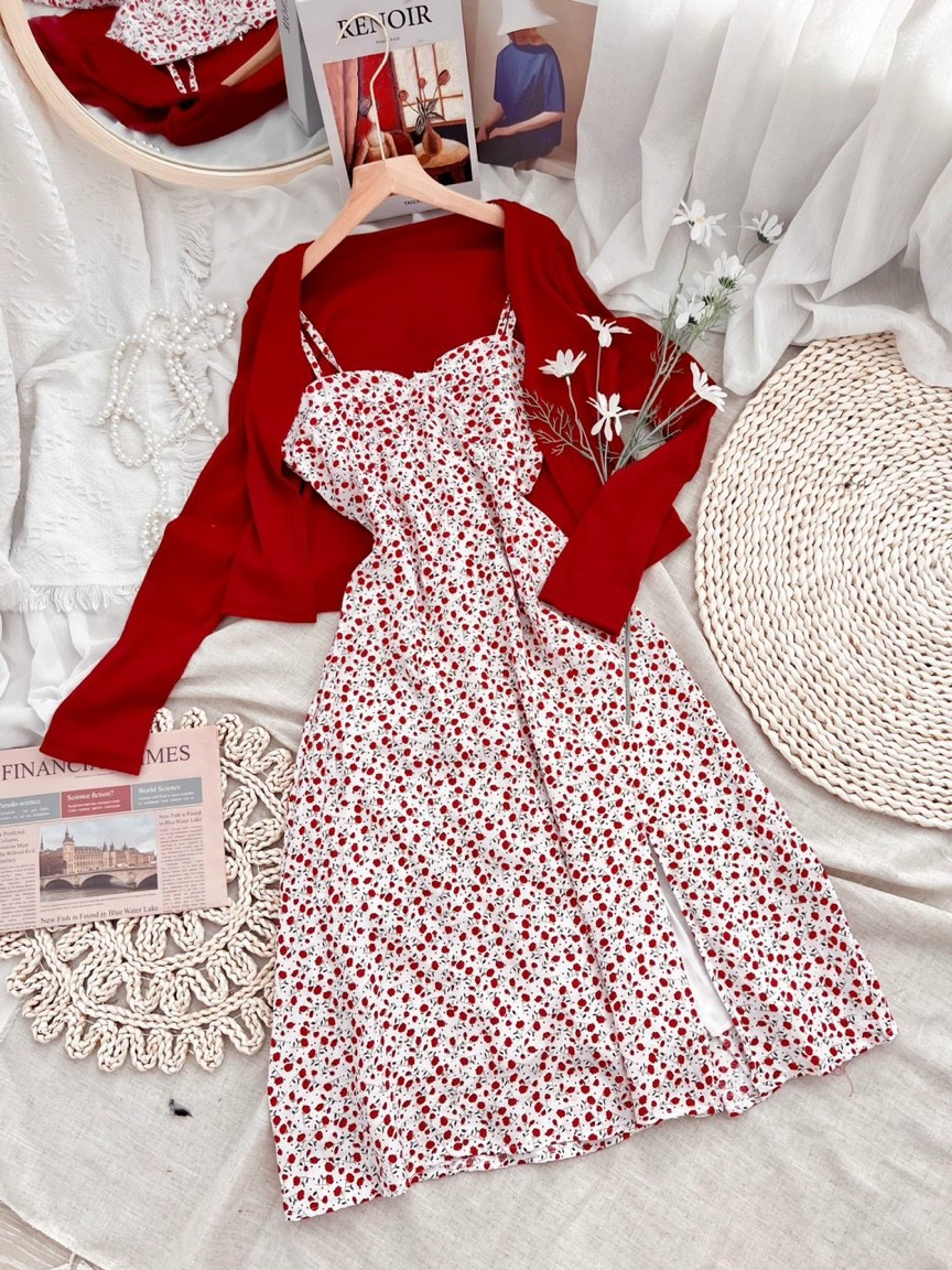 Set đầm 2 dây hoa nhí vai nơ kèm áo khoác cardigan đỏ