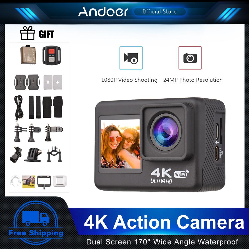 Camera Hành Động Andoer 4K 60FPS Màn Hình Kép Chống Nước Có Điều Khiển Từ Xa Camera Thể Thao Mũ Bảo Hiểm Camera Hành Động Cho Lặn Lướt Sóng