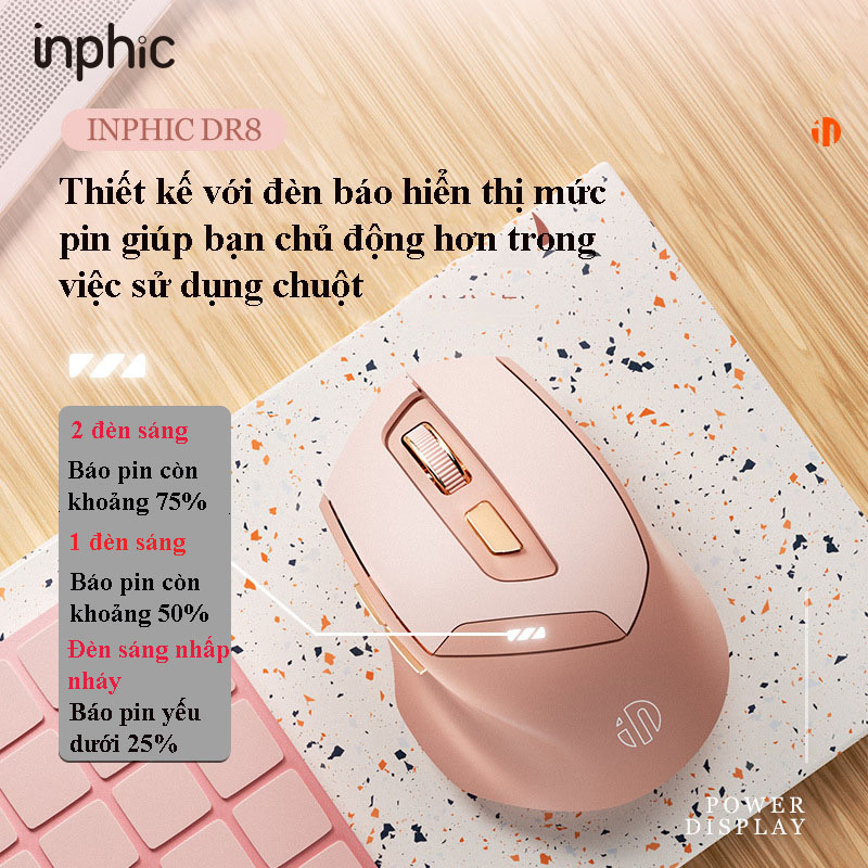 ￼Chuột máy tính không dây TEKKIN INPHIC DR08 màu hồng cute dành cho nữ văn phòng game thủ tắt âm chống ồn silent - hàng nhập khẩu