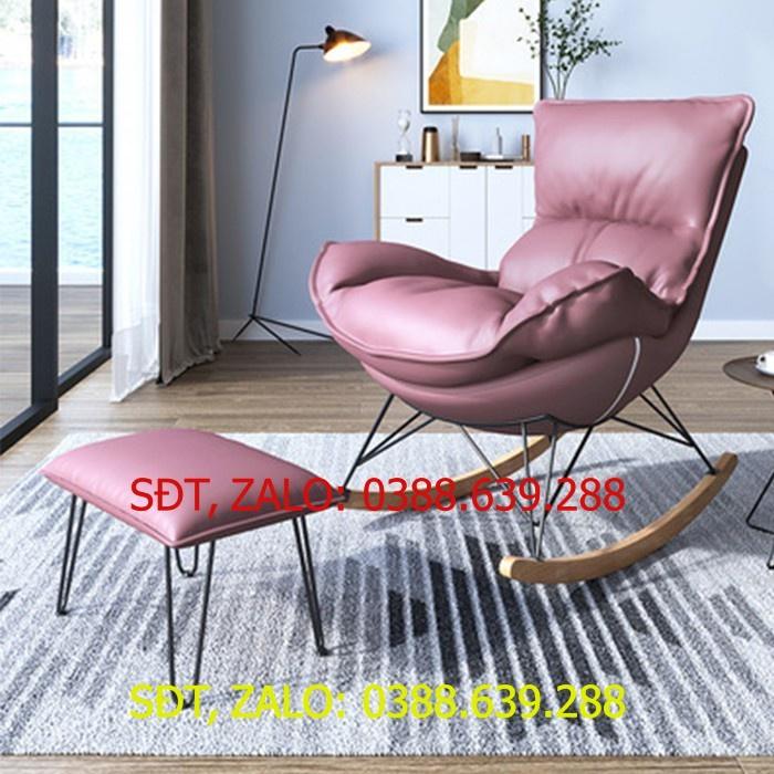 Ghế Sofa thư giãn phong cách Châu Âu kèm đôn, Ghế đọc sách thư giãn bọc da cao cấp