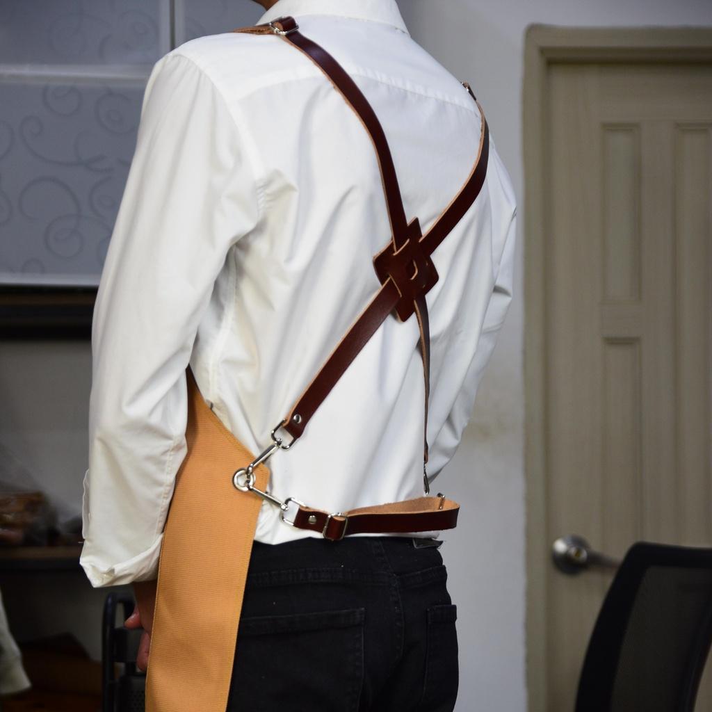 Tạp dề pha chế vải canvas dây da của Junsleather phối da bò cao cấp dành cho Barista/Bartender