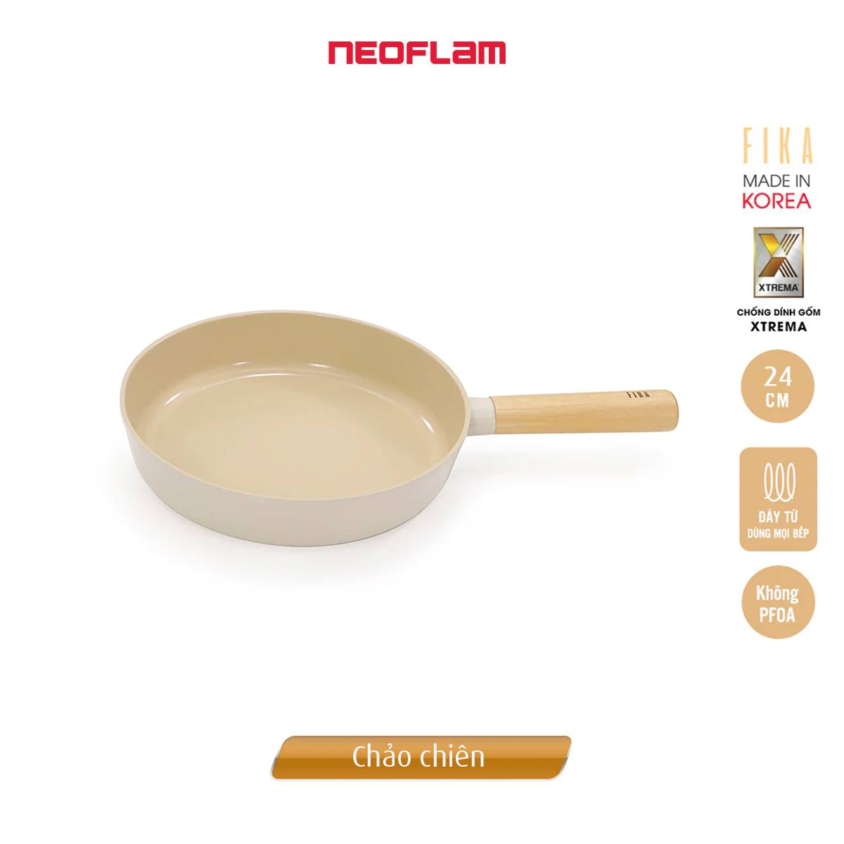 [Hàng chính hãng] Chảo chiên, cạn chống dính bếp từ Fika Neoflam 24cm. thành cao 5,4cm, dài 41cm (bao gồm cán), khối lượng 765g, phủ gốm chống dính cả trong, ngoài. Màu trắng ngà. Hàng có sẵn giao ngay.